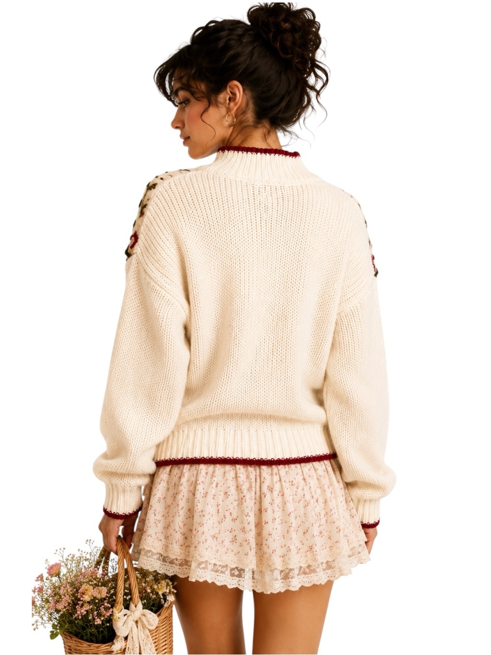 Vintage‎ 80s 90s Floral Embroidered Mock Neck Cottagecore Sweater M - Picture 2 of 9